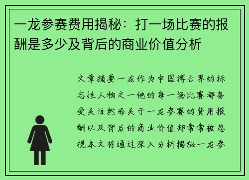 一龙参赛费用揭秘：打一场比赛的报酬是多少及背后的商业价值分析